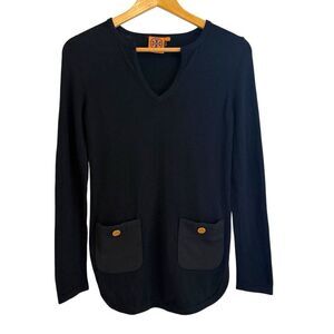 Tory Burch Black Wool Cashmere Blend V-Neck Tunic Length Sweater Size XS